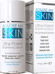 Admire My Skin dark spot corrector bottle on counter for daily brightening.