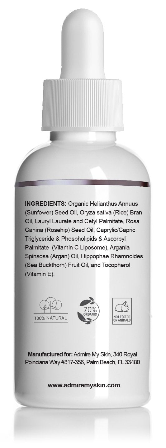 Admire My Skin Vitamin C Gua Sha Oil label close-up signals purity and care.