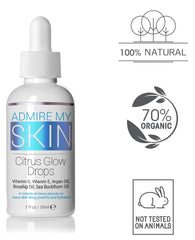 Admire My Skin Vitamin C Gua Sha Oil rosehip droplets illustrate nourishing glow.