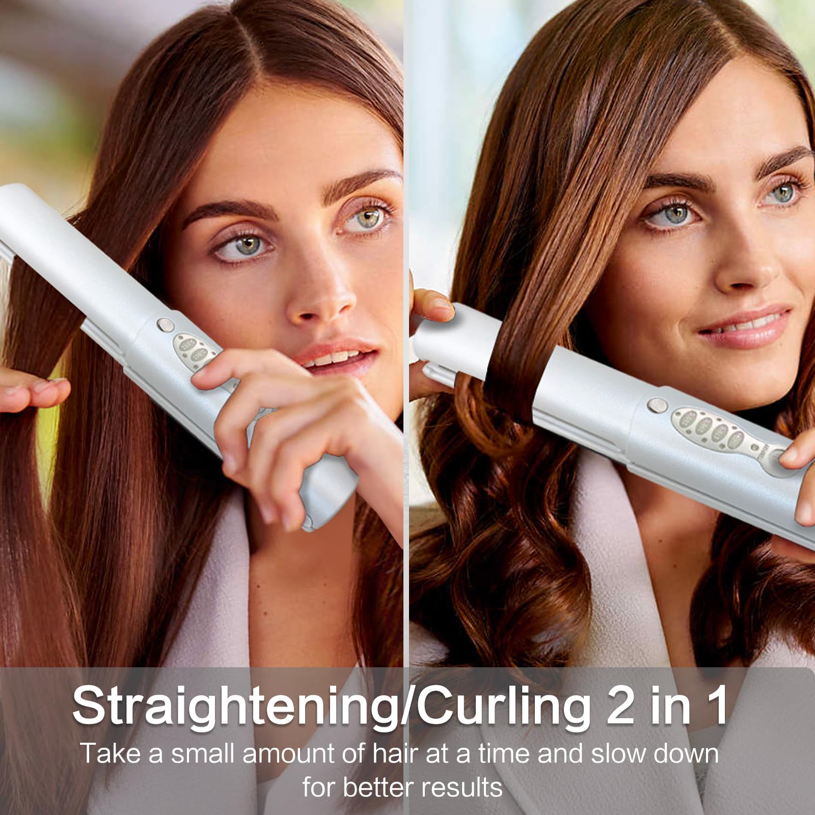 ADOBIRD flat iron showing 5000mAh battery for cordless styling.