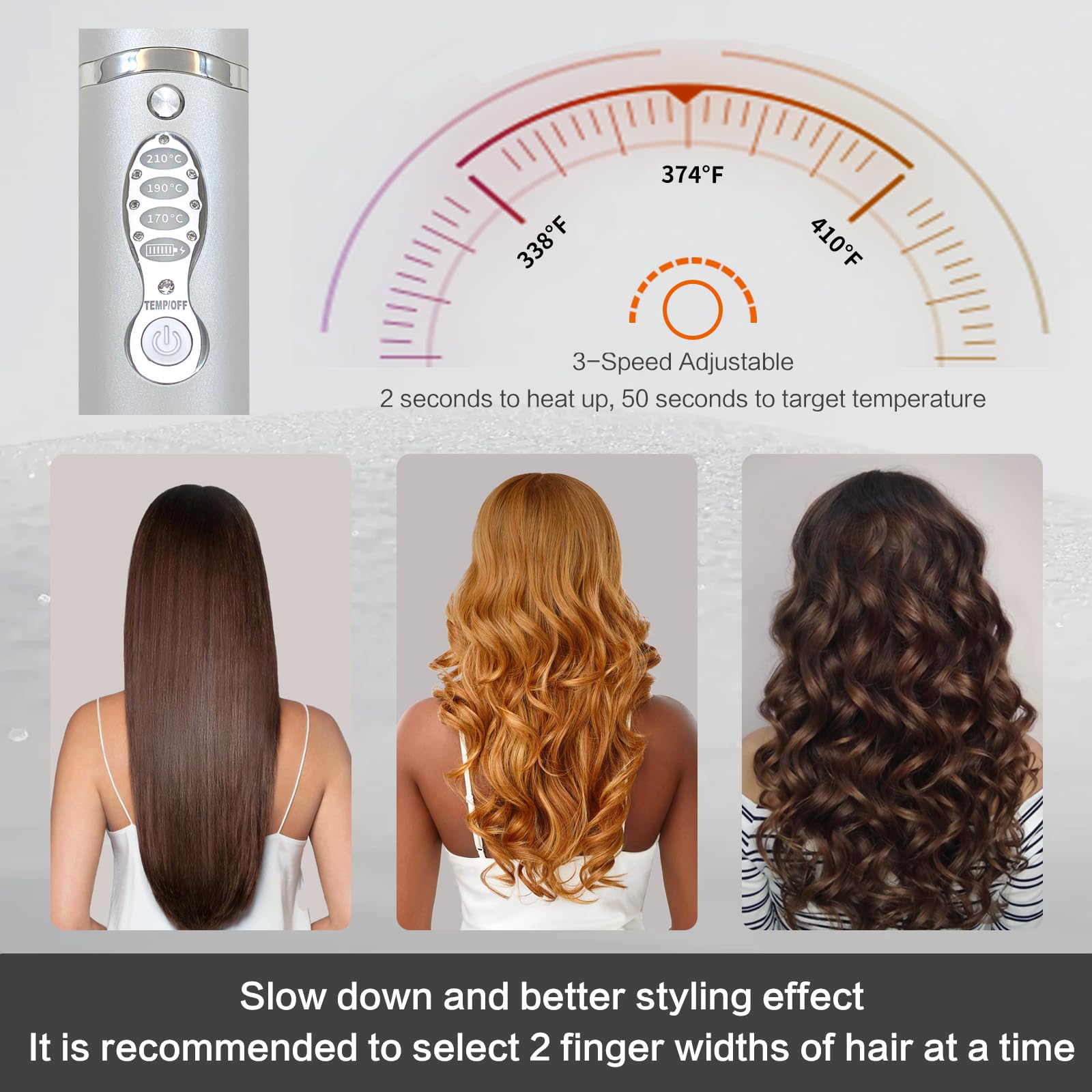 ADOBIRD cordless flat iron highlights USB-C charging and dual voltage.