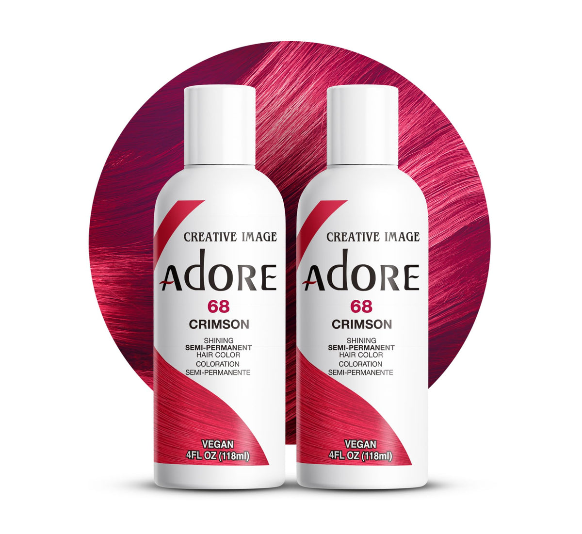 Adore Crimson hair color bottle close-up showcases vibrant pigment for bold red results.
