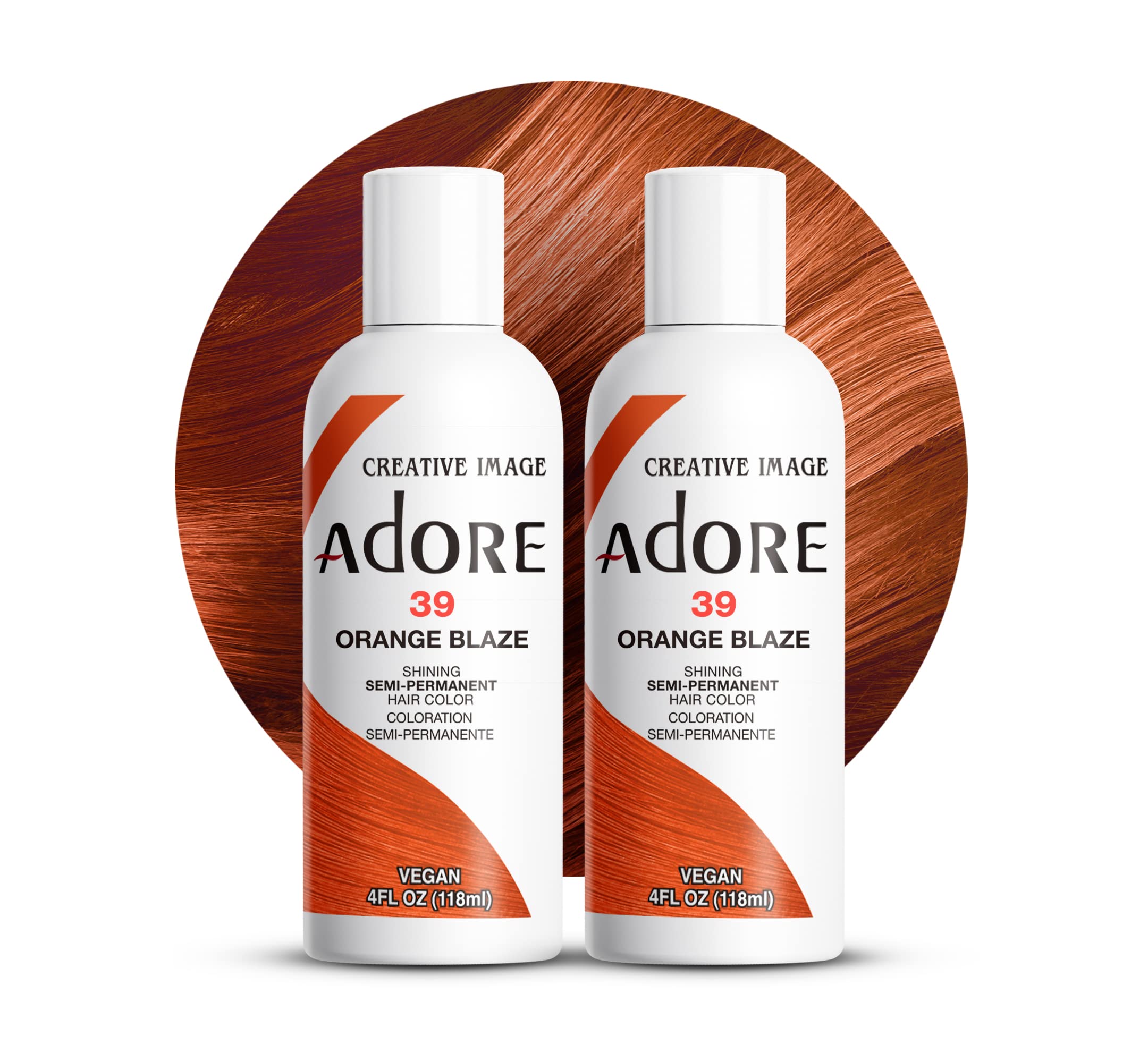 Adore Orange Blaze bottle-front shot highlights vibrant orange color for bold at-home dye results.