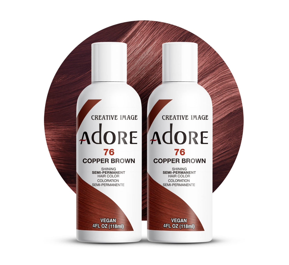 Adore Semi Permanent Hair Color 076 Copper Brown bottle closeup showing vibrant pigment.