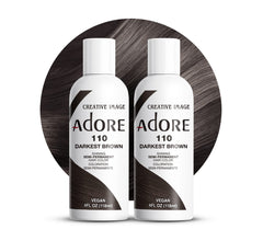 Adore semi-permanent hair color bottle in 110 darkest brown for vibrant, long-lasting shade.