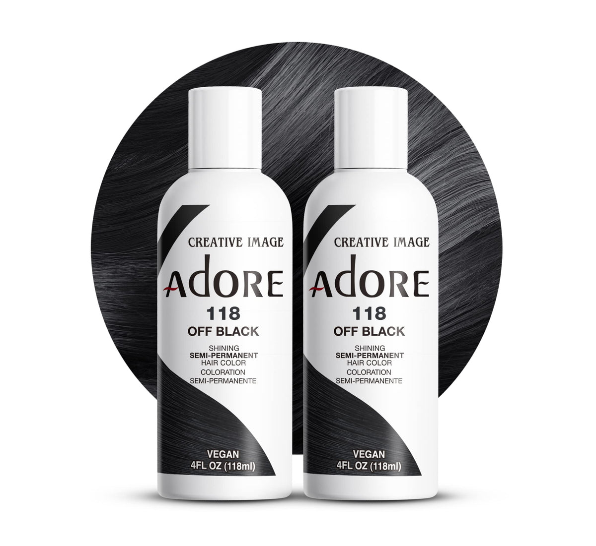 Adore 118 Off Black bottle with bold pigment for long-lasting color.