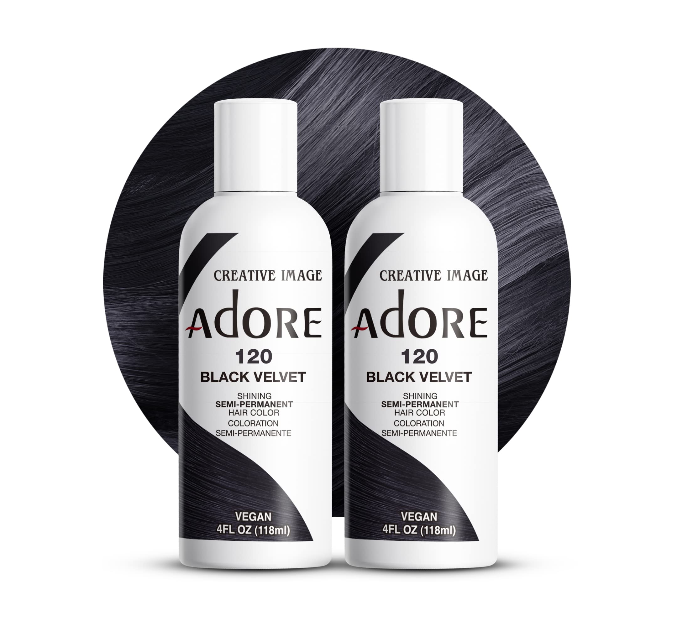 Adore Semi Permanent Hair Color 120 Black Velvet bottle delivers vibrant, long-lasting coverage.