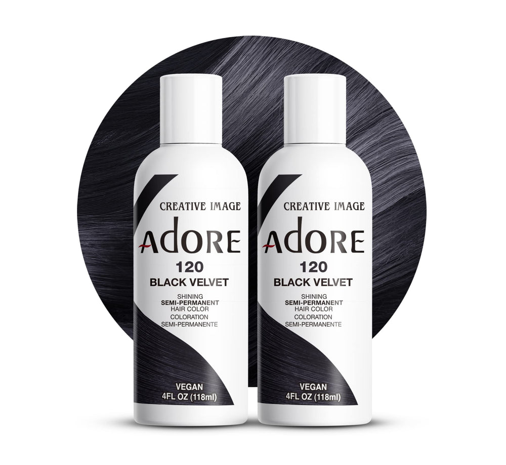 Adore Semi Permanent Hair Color 120 Black Velvet bottle delivers vibrant, long-lasting coverage.