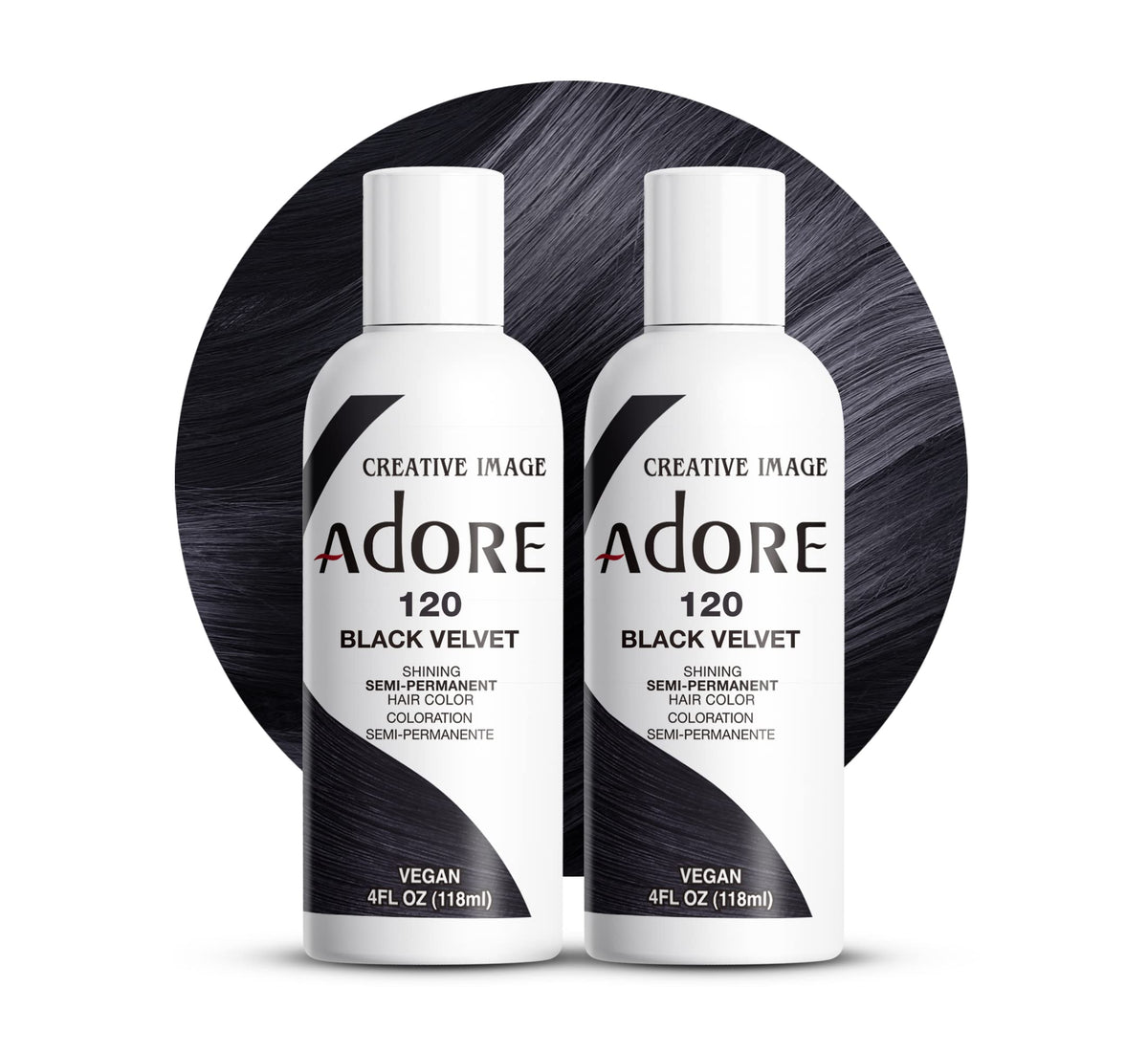 Adore Semi Permanent Hair Color 120 Black Velvet bottle delivers vibrant, long-lasting coverage.
