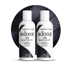 Adore Semi Permanent Hair Color 120 Black Velvet bottle delivers vibrant, long-lasting coverage.