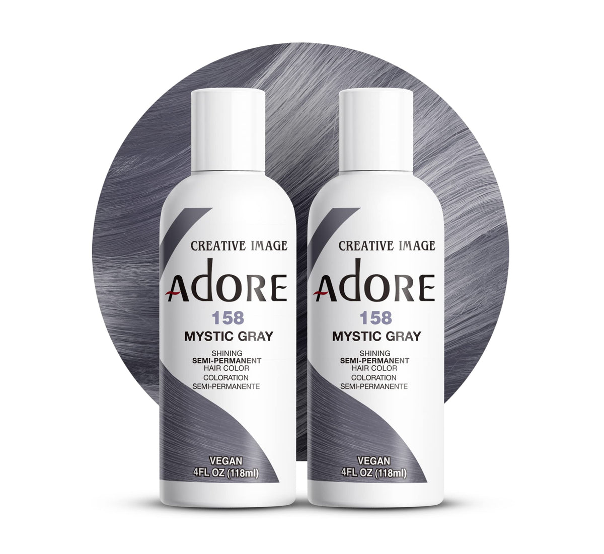 Adore 158 Mystic Gray bottle-front image showing at-home gray coverage