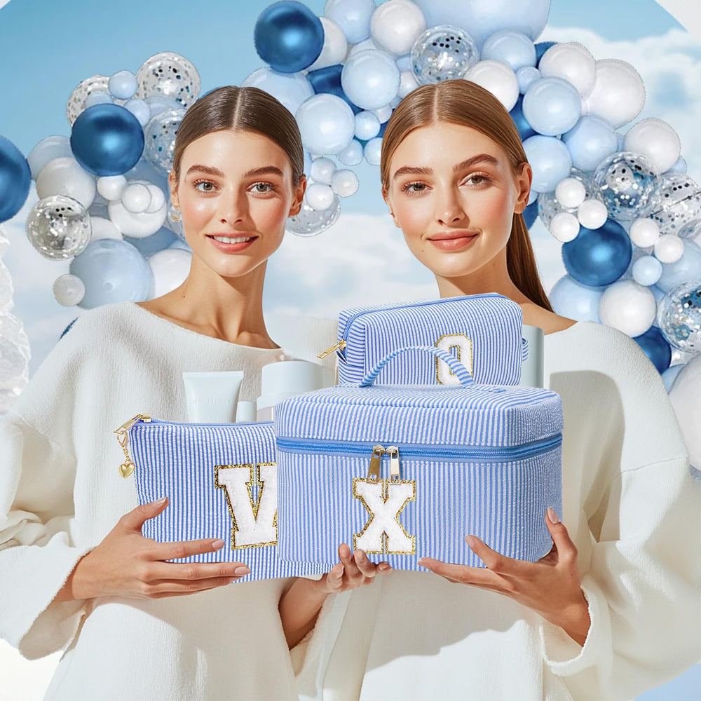 Adoryoung monogram makeup bag color options in pink and blue for versatile style