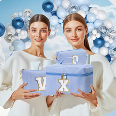 Adoryoung monogram makeup bag color options in pink and blue for versatile style