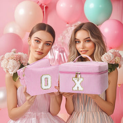 Adoryoung monogram makeup bag in pink highlights a stylish, gift-ready accessory.