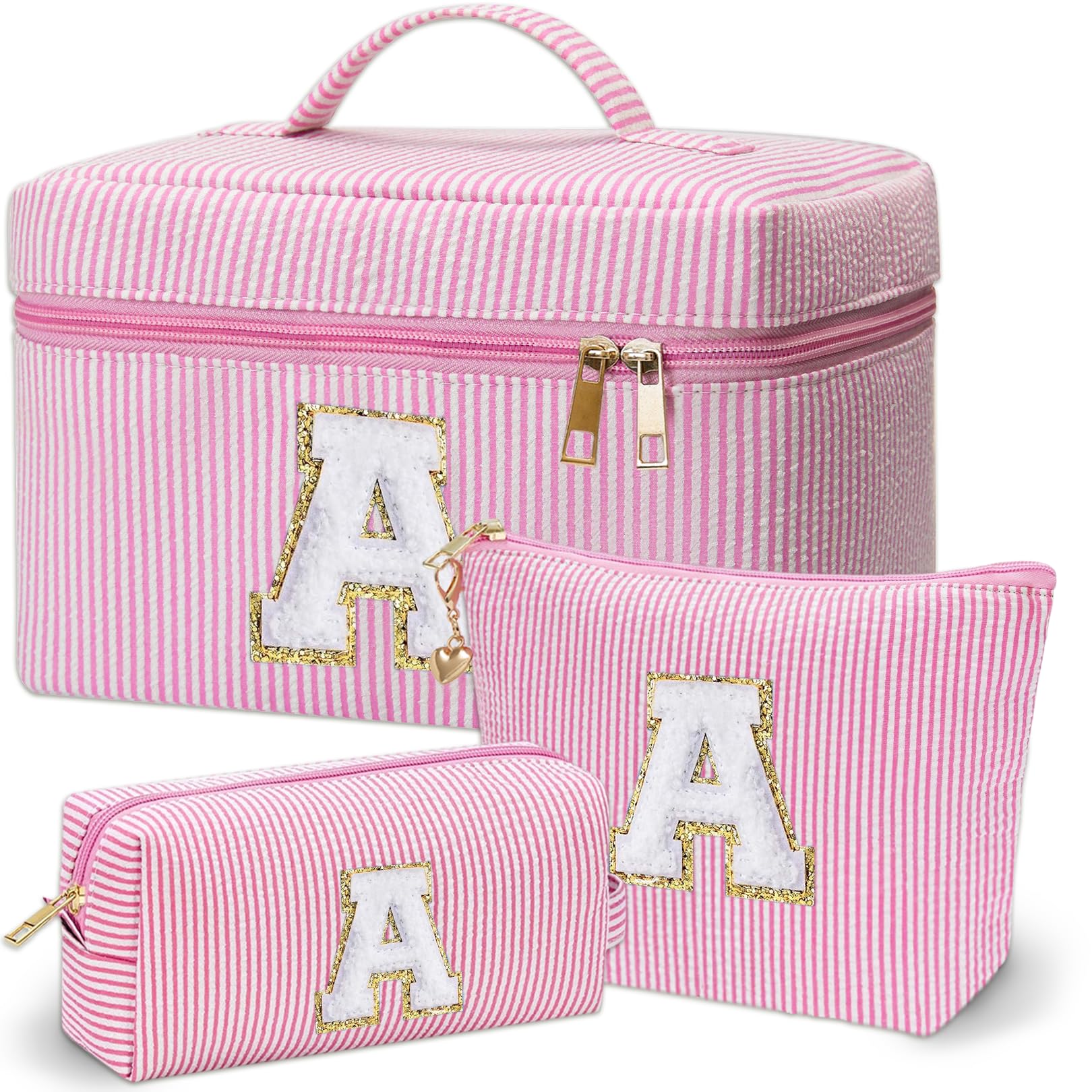 Adoryoung monogram makeup bag front view with chenille initial for personalized style.