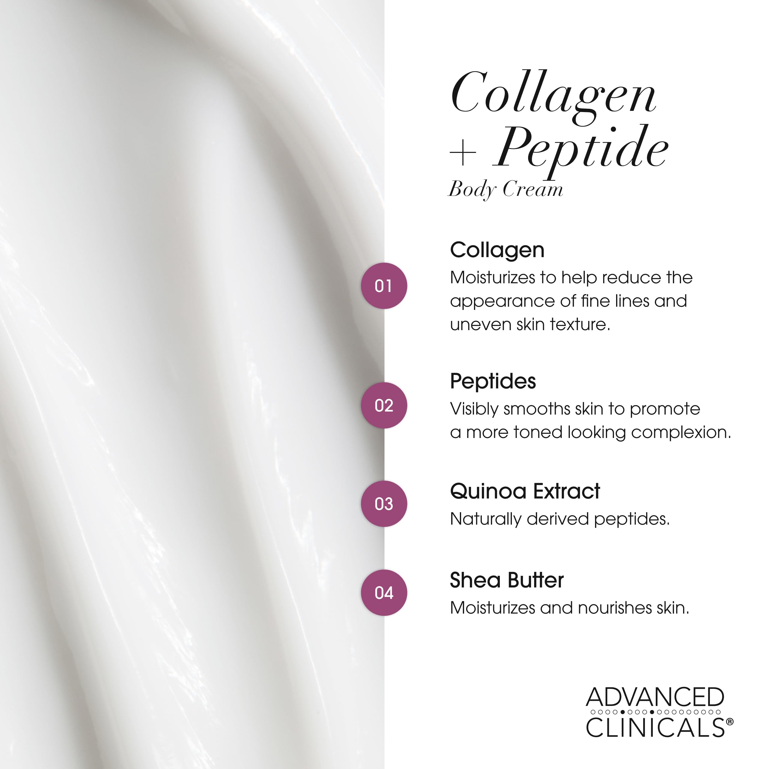 Advanced Clinicals collagen-peptide-body-cream-application shows firmer-looking skin.