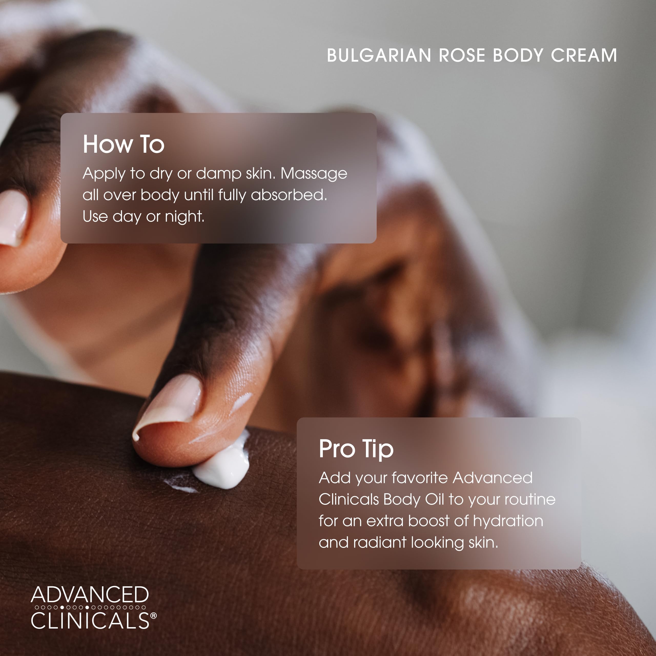 Advanced Clinicals rose-lotion applied to legs demonstrates full-body hydration.