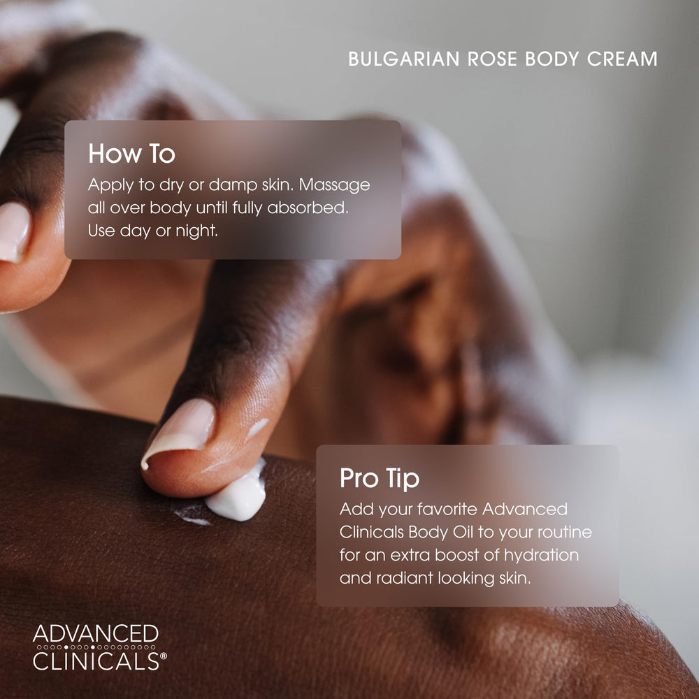 Advanced Clinicals rose-lotion applied to legs demonstrates full-body hydration.