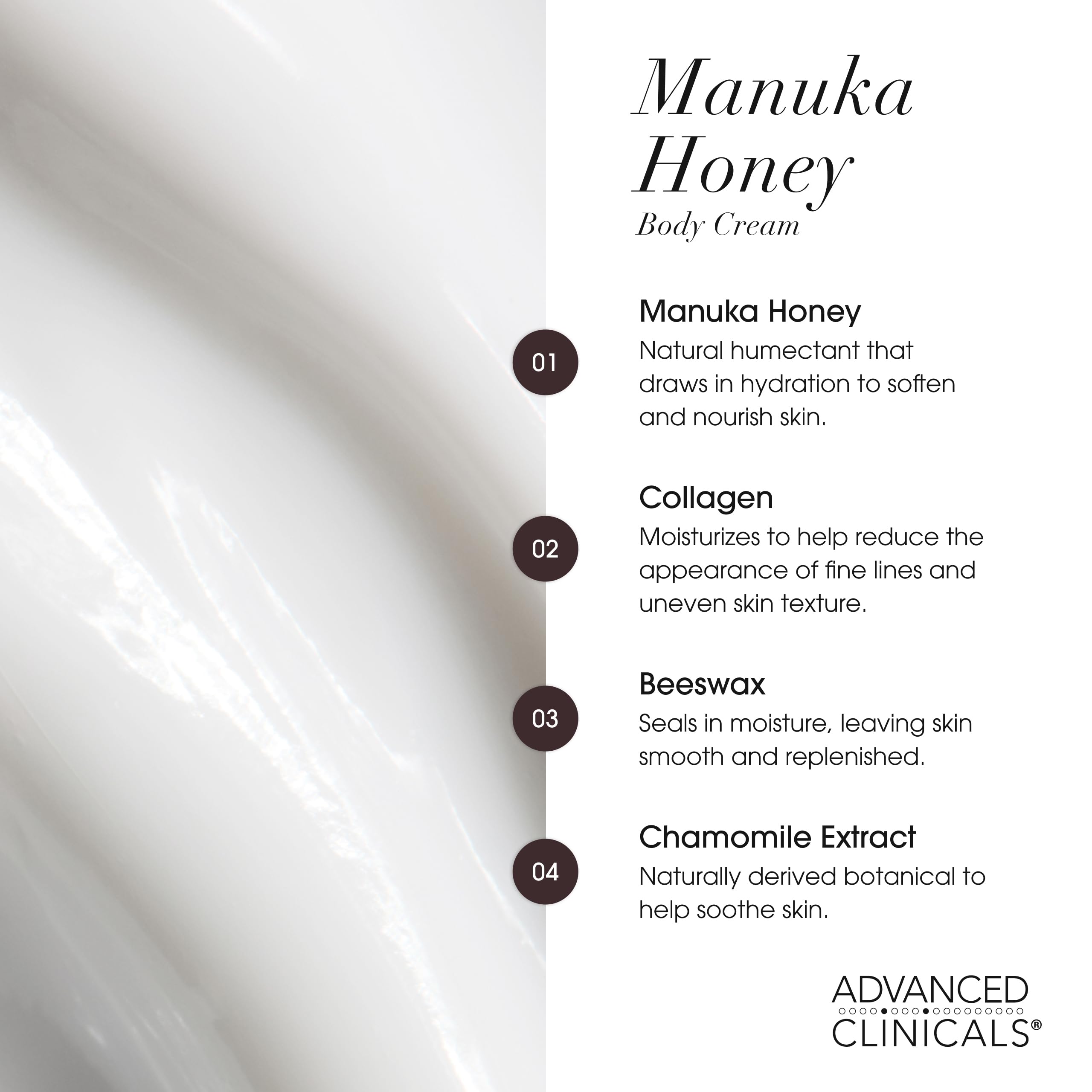 Advanced Clinicals body cream on arm displays velvety finish