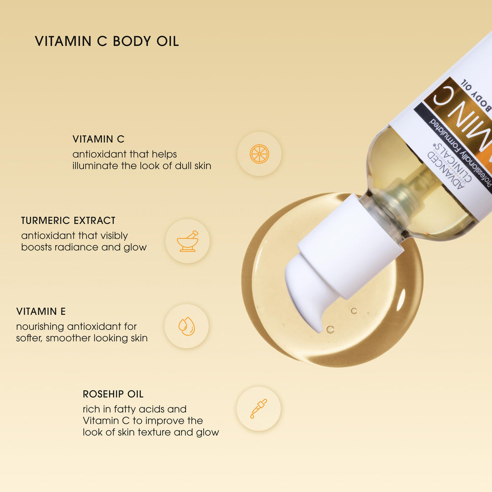 Advanced Clinicals Brightening Vitamin C Body Oil being applied for silky hydrated skin