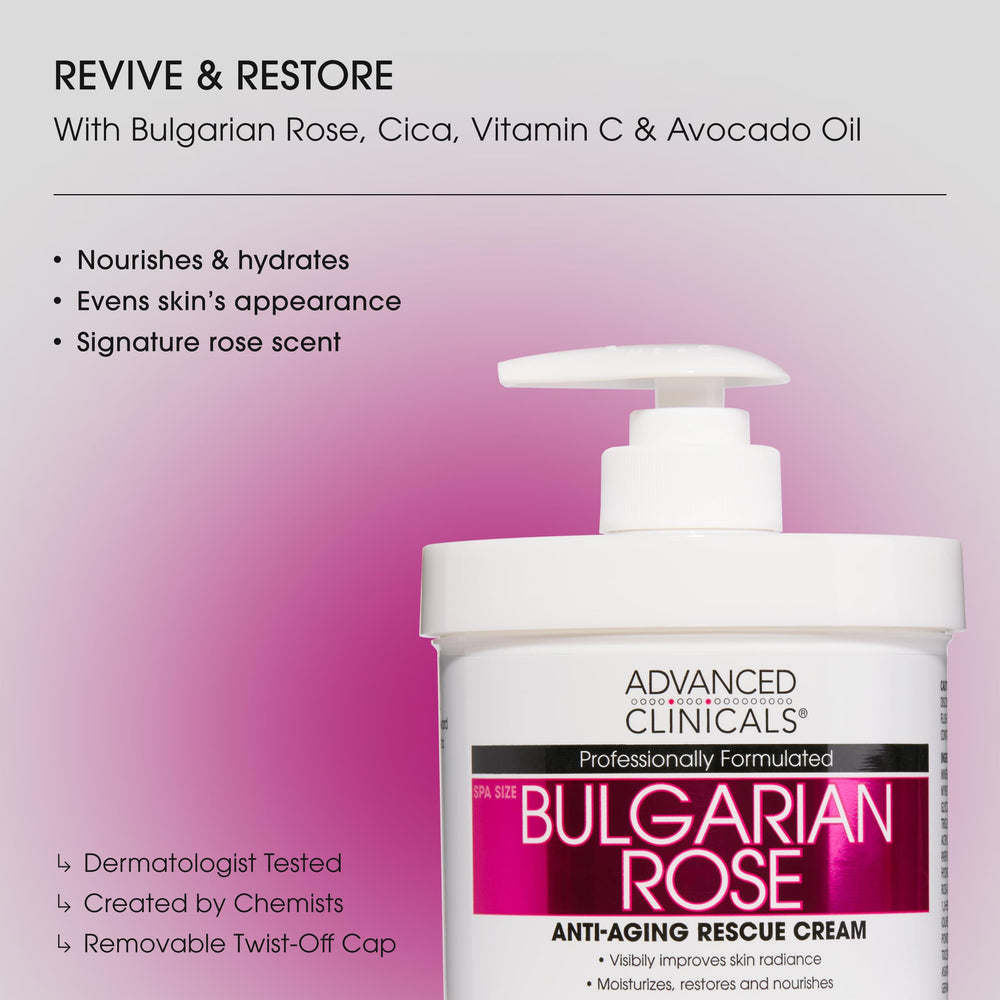 Advanced Clinicals Bulgarian Rose Lotion ingredients close-up highlighting Cica and Aloe for moisture.