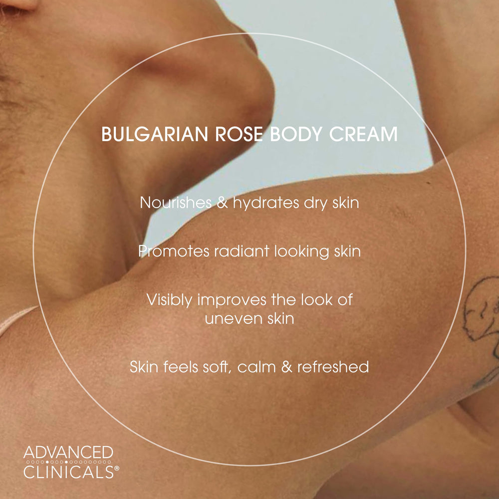 Advanced Clinicals Bulgarian Rose Lotion close-up jar emphasizes creamy, luxurious texture.