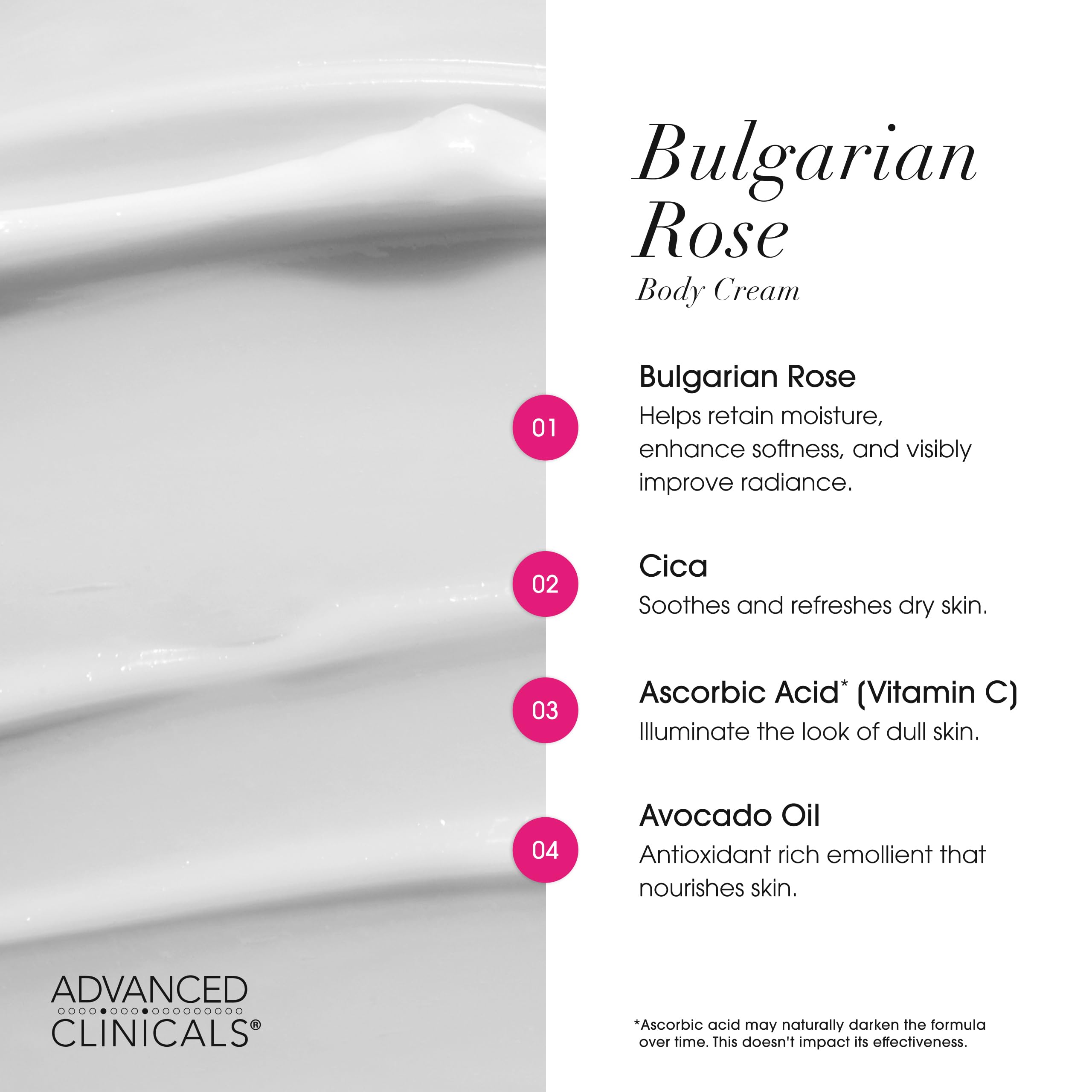 Advanced Clinicals Bulgarian Rose Lotion pump closeup showing controlled dispensing