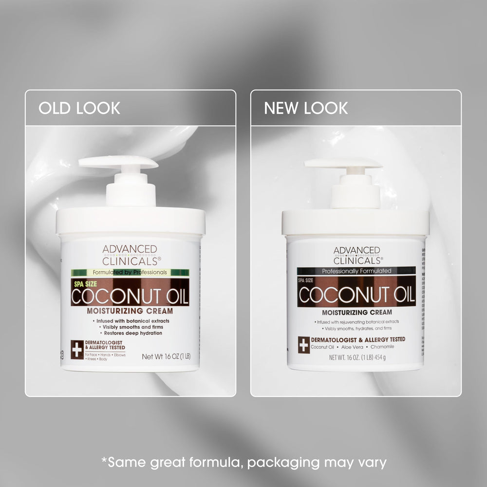 Advanced Clinicals coconut oil body cream bathroom setup conveys daily skincare routine for dry skin
