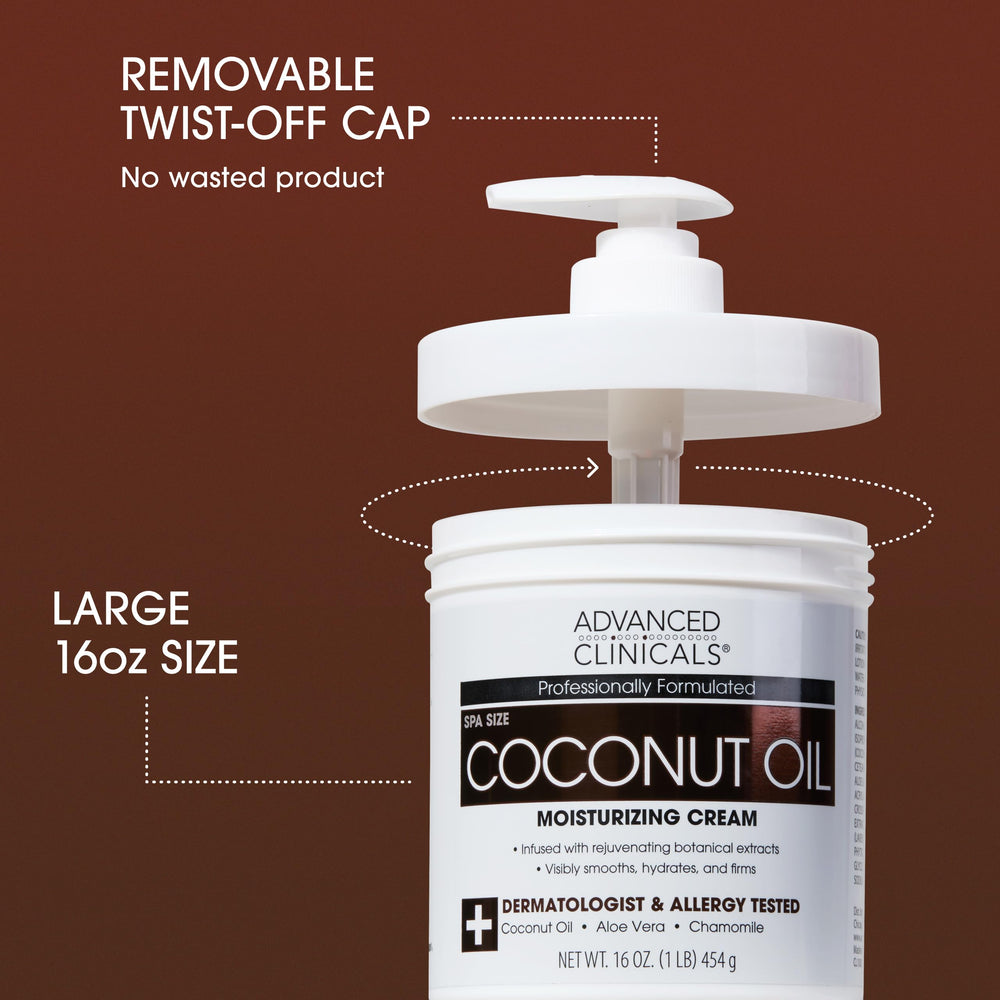 Advanced Clinicals coconut oil body cream jar closeup highlights fast absorbing hydration