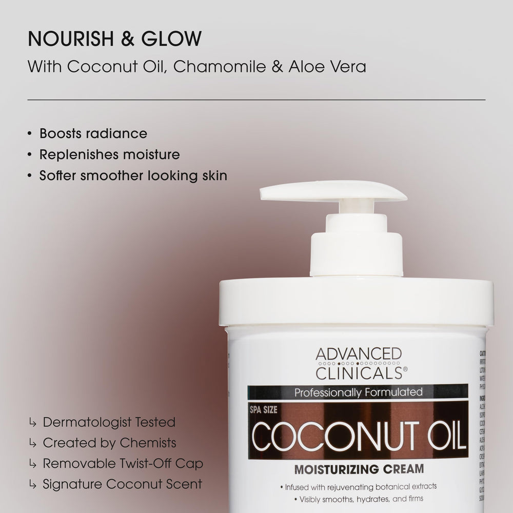 Advanced Clinicals coconut oil body cream swirl demonstrates smoothing texture and glow