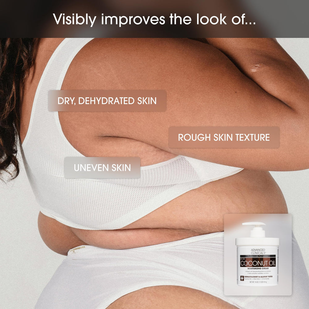 Advanced Clinicals coconut oil body cream texture balm conveys luxurious non greasy hydration