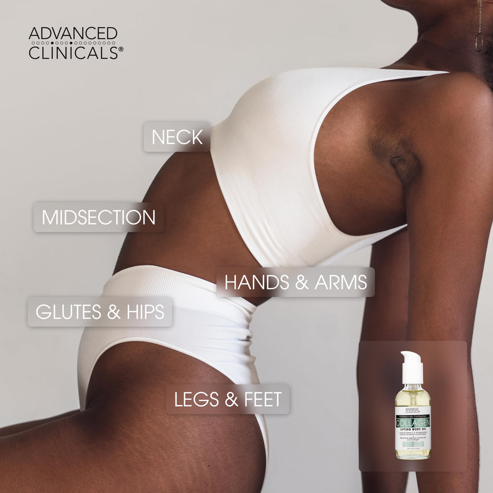 Advanced Clinicals collagen body oil bottle pouring for lightweight hydration and smoother skin.