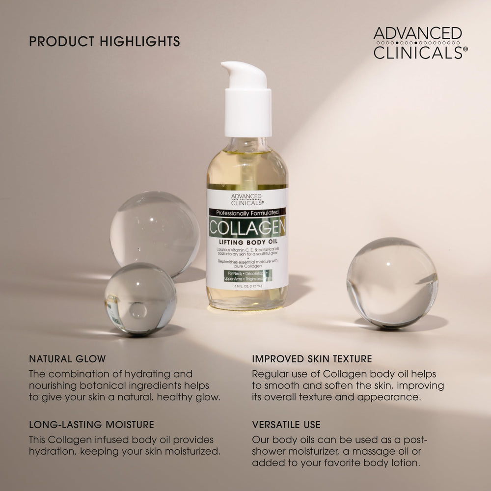 Advanced Clinicals collagen oil during body application shows smooth moisture