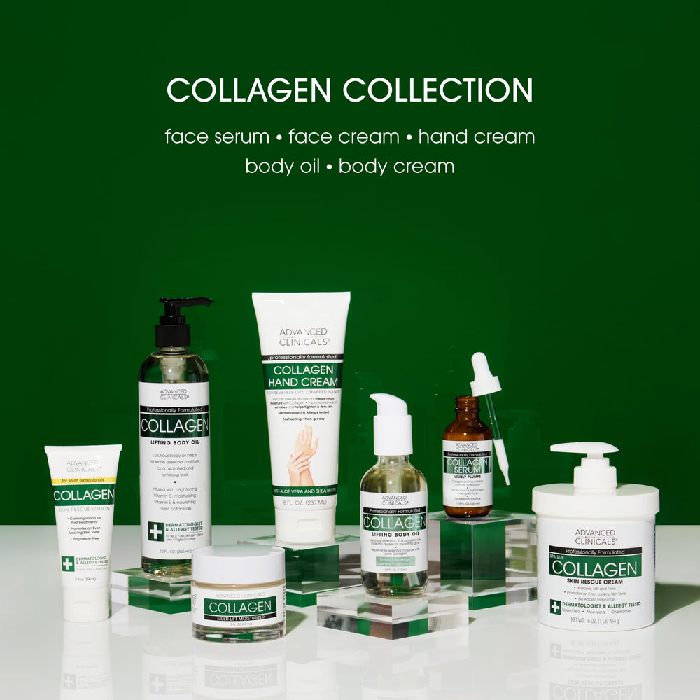 Advanced Clinicals collagen oil on damp skin promotes healthy-looking glow
