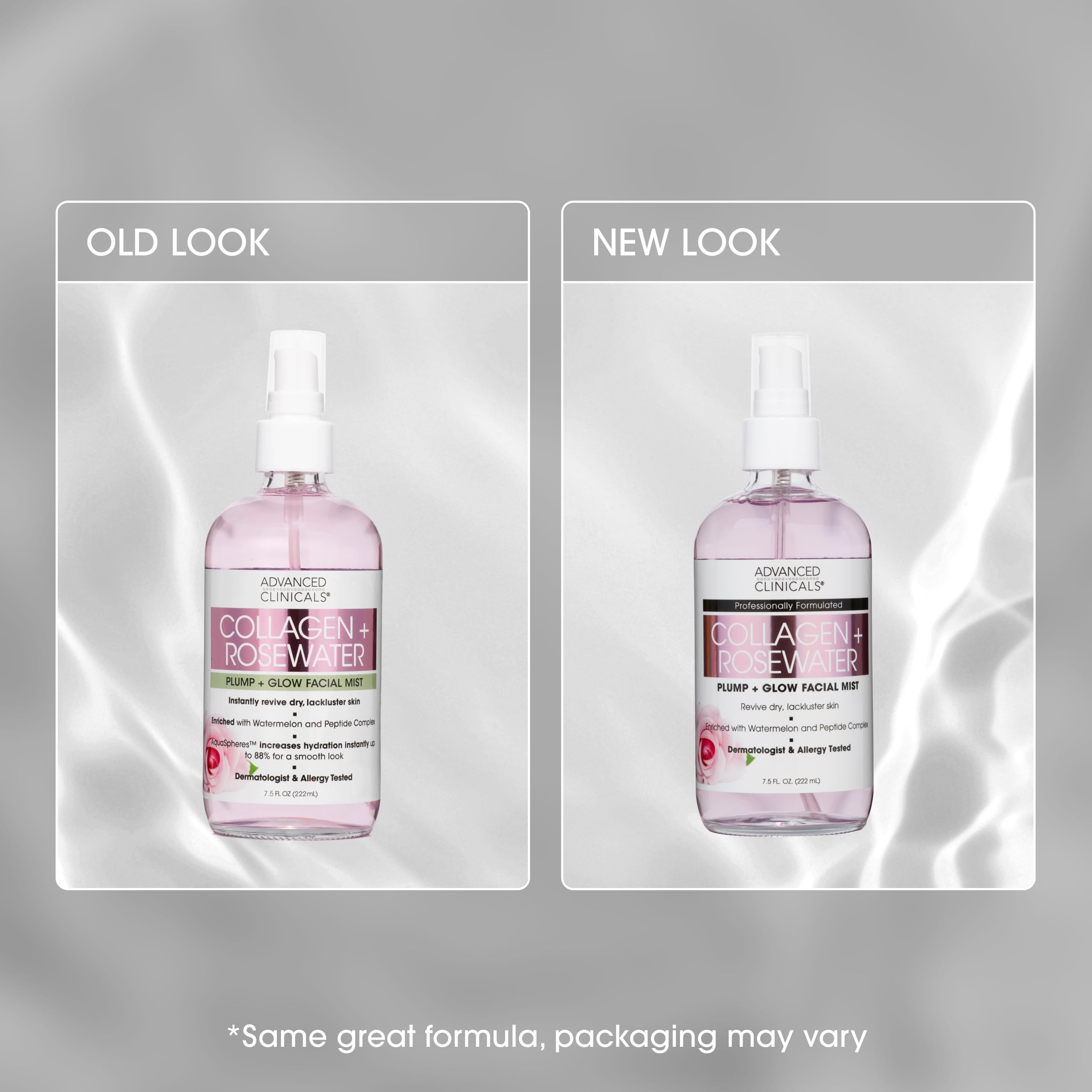 Advanced Clinicals Collagen Rosewater Face Mist close-up shows dewy finish after misting.