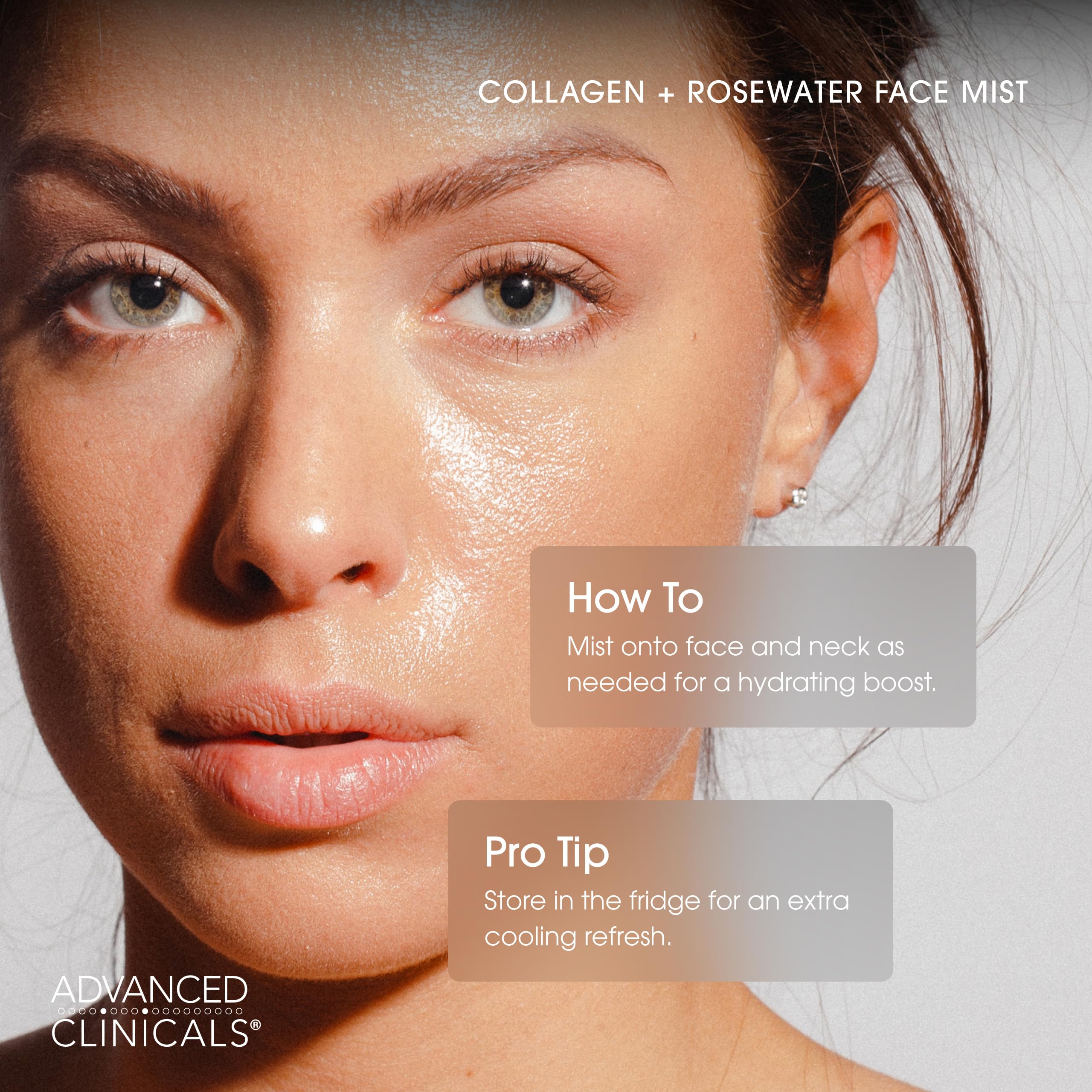 Advanced Clinicals Collagen Rosewater Face Mist with rose petals suggesting gentle care.
