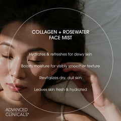 Advanced Clinicals Collagen Rosewater Face Mist rosewater-drops close-up highlighting pH balance.