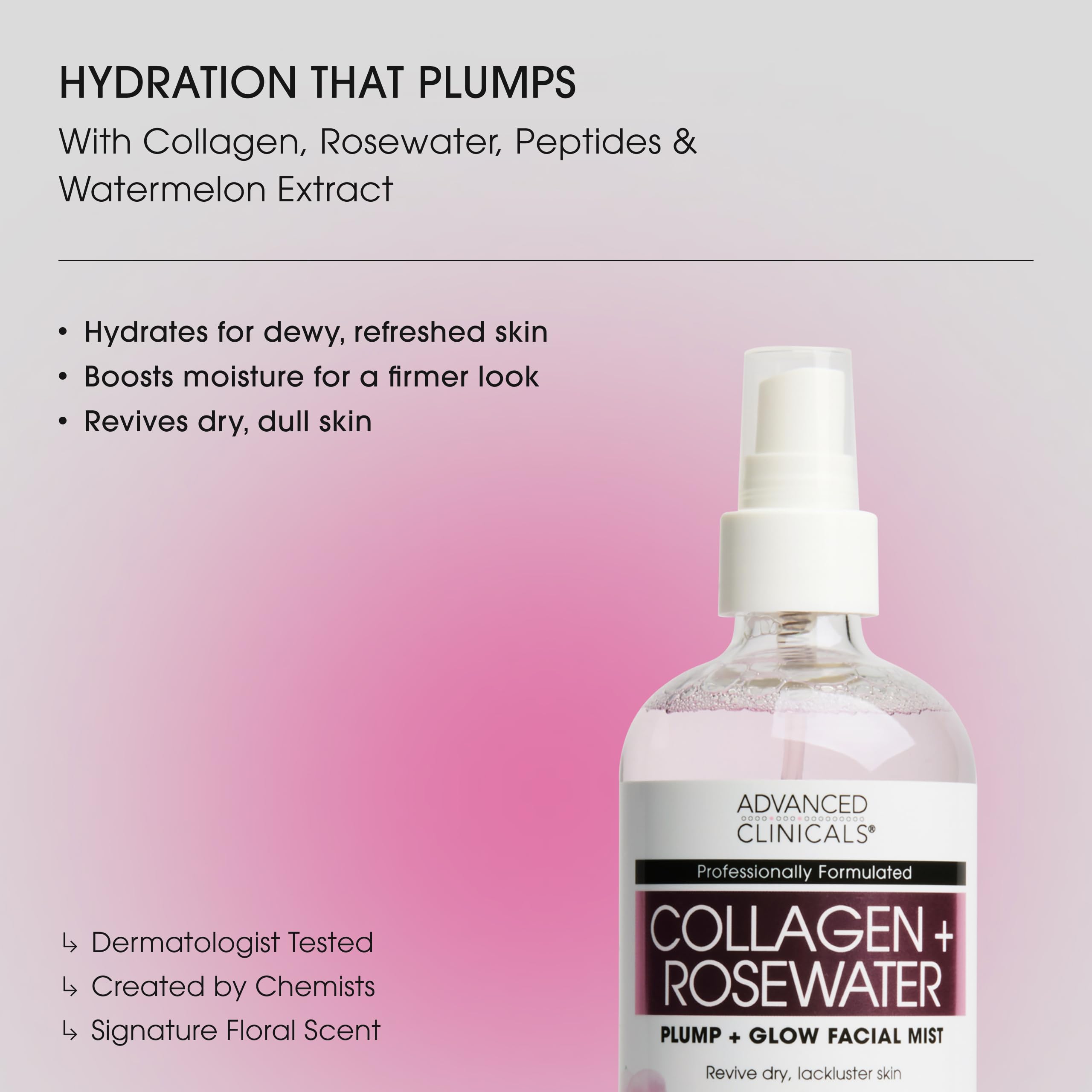 Advanced Clinicals Collagen Rosewater Face Mist spray delivers a refreshing pick-me-up.