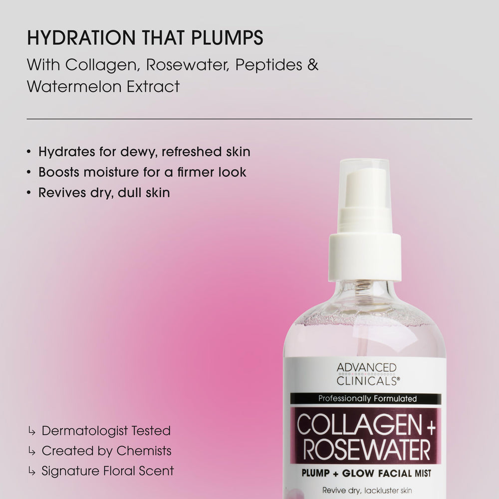 Advanced Clinicals Collagen Rosewater Face Mist spray delivers a refreshing pick-me-up.
