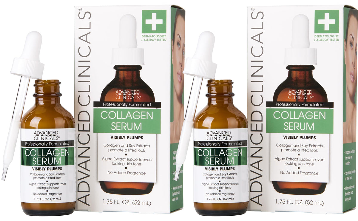 Advanced Clinicals collagen serum bottle showcases hydrating facial care for smoother skin