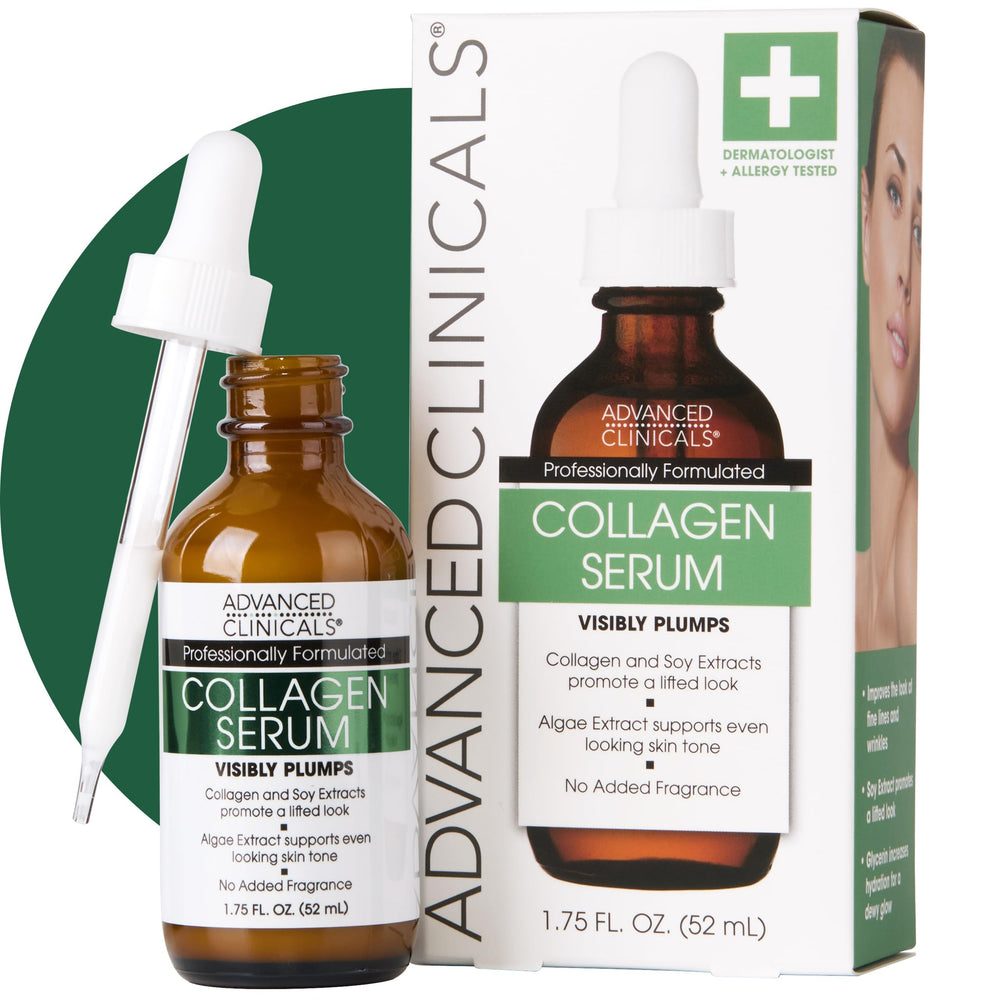Advanced Clinicals Collagen Serum bottle shown, delivers hydration for a smoother complexion.