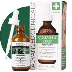 Advanced Clinicals Collagen Serum bottle shown, delivers hydration for a smoother complexion.