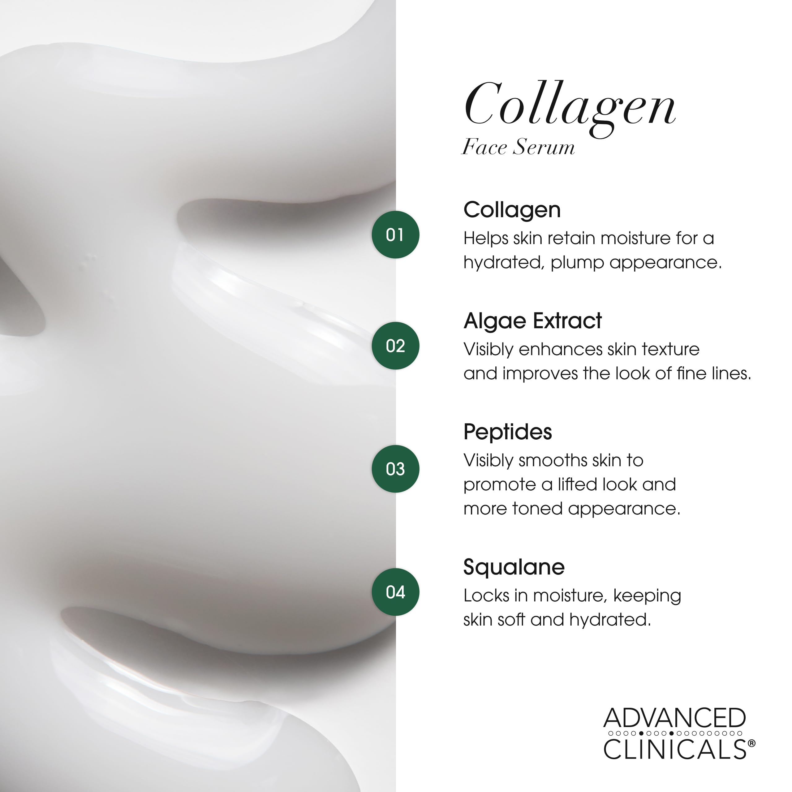 Advanced Clinicals collagen serum hydration close-up shows plump appearance