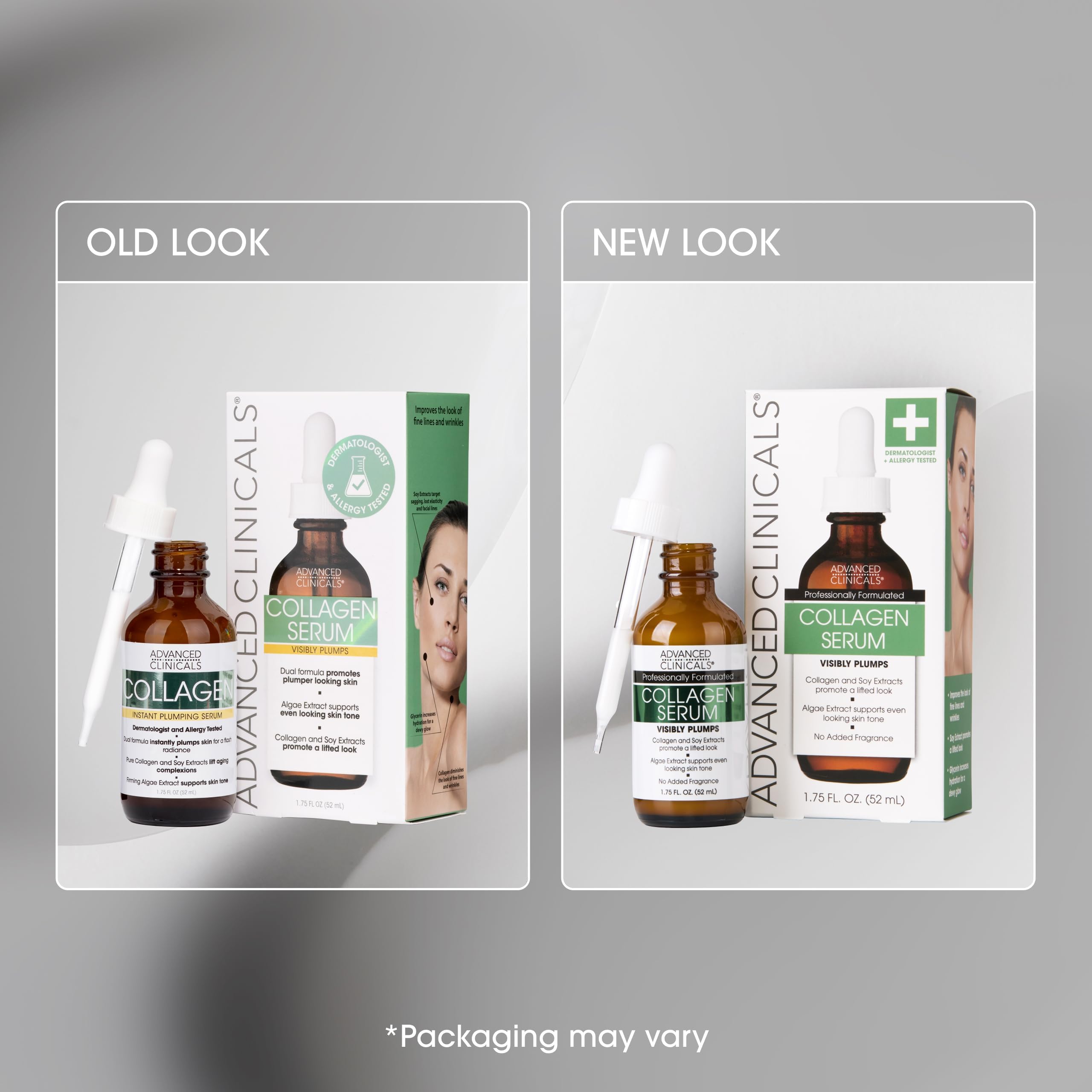 Two-pack packaging of Advanced Clinicals collagen serum for ongoing care