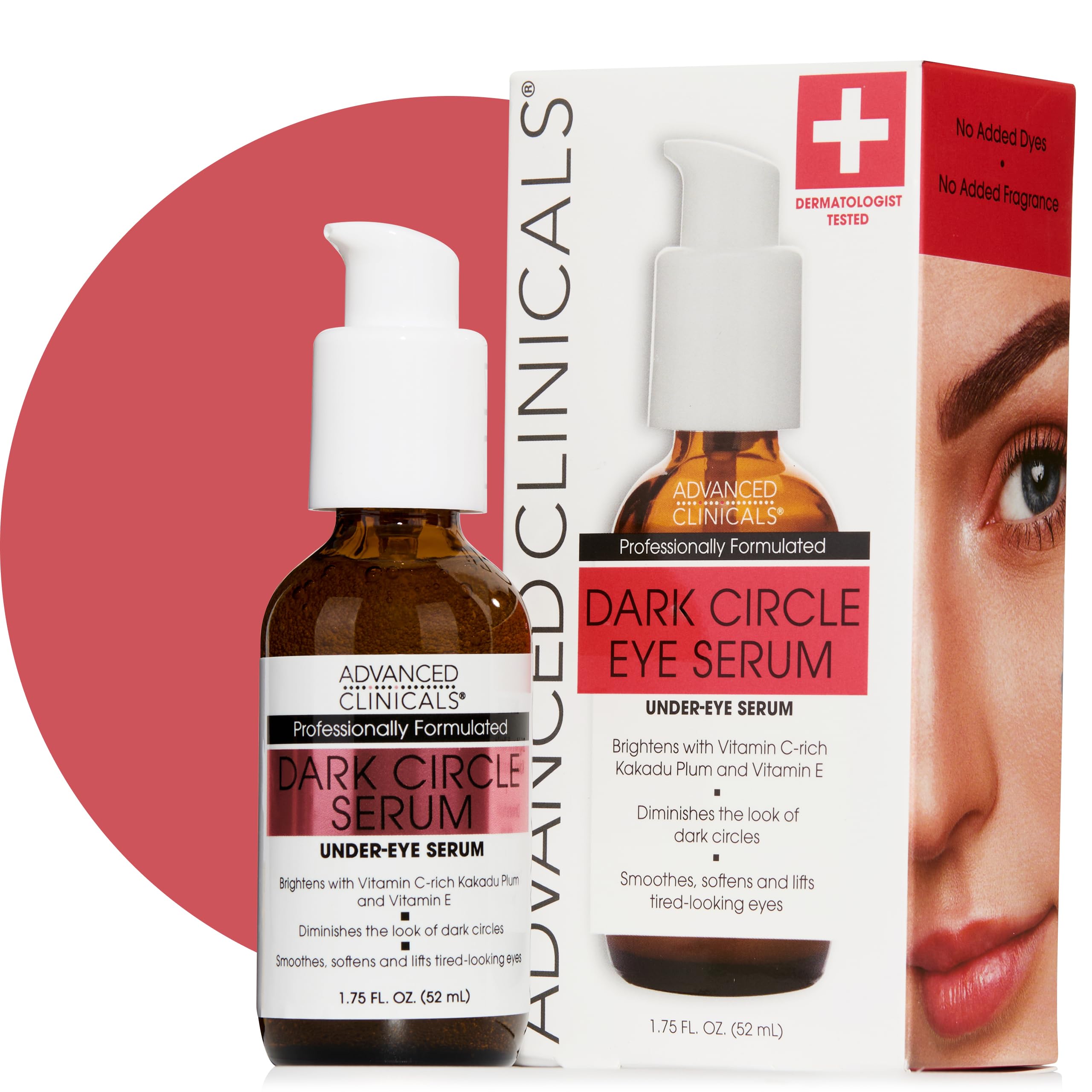 Advanced Clinicals dark circle serum bottle targets dark under-eye circles for a refreshed look