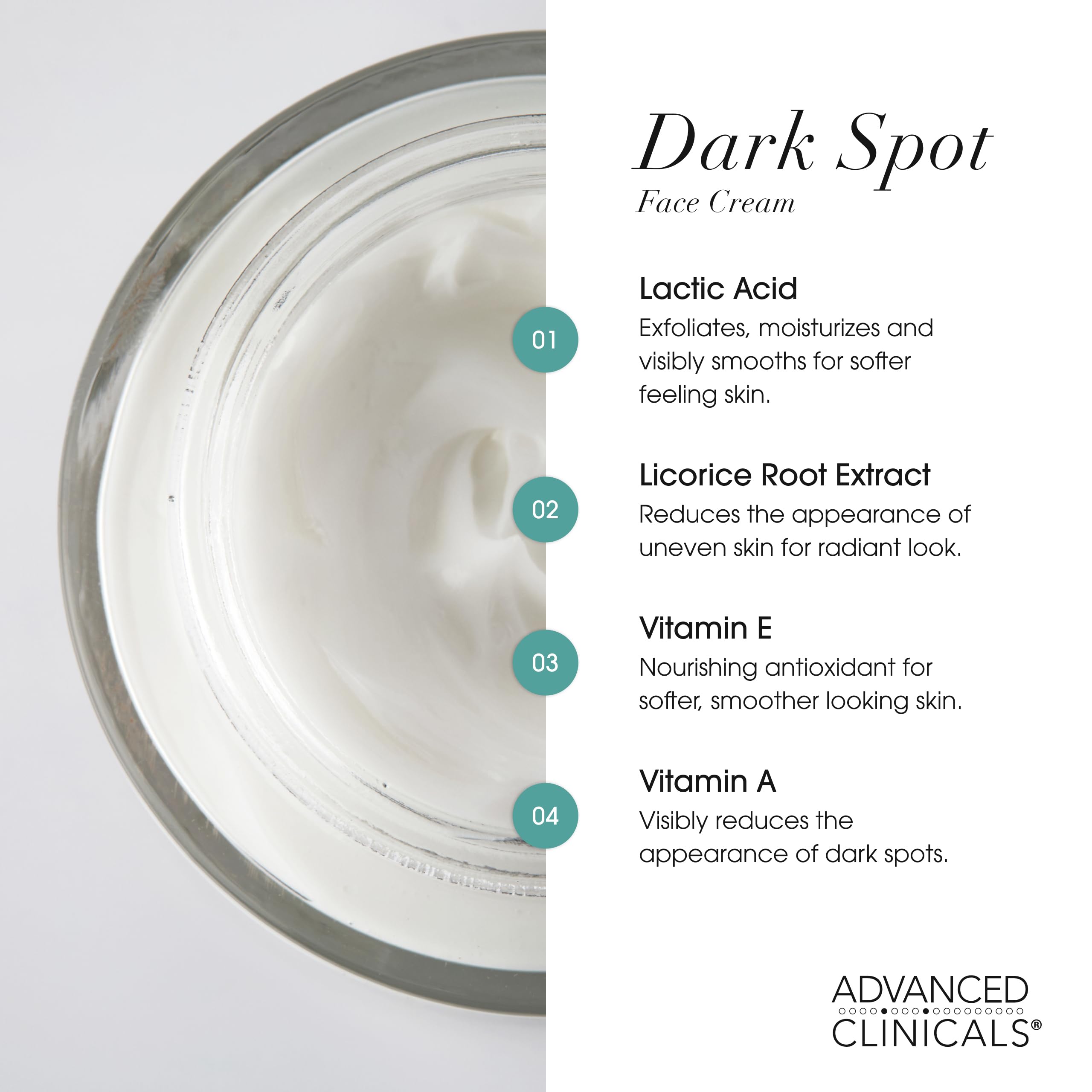 Advanced Clinicals Dark Spot Face Moisturizer lactic acid ingredient close-up for gentle exfoliation