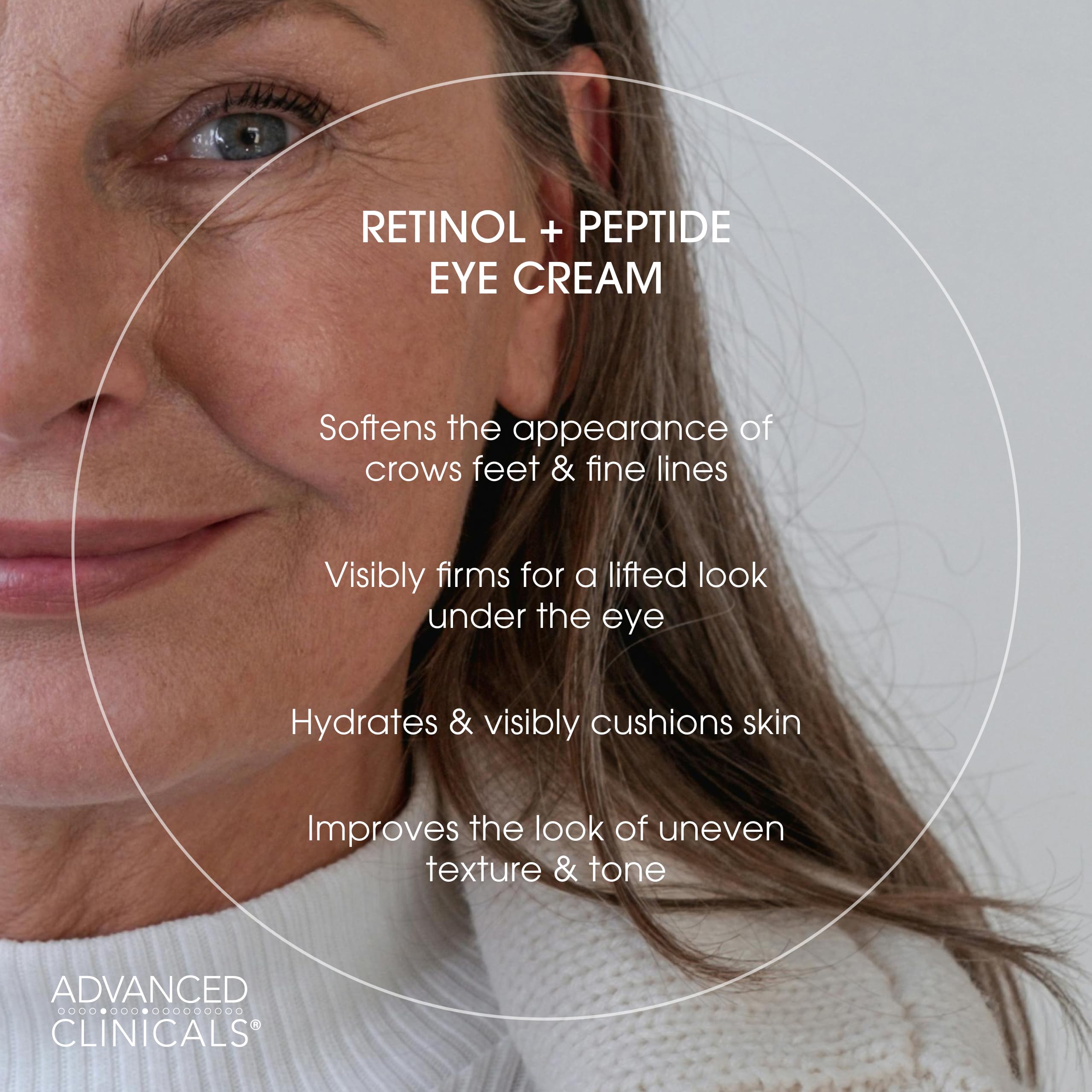 Advanced Clinicals retinol eye balm caffeine boost image suggests refreshed under-eye appearance