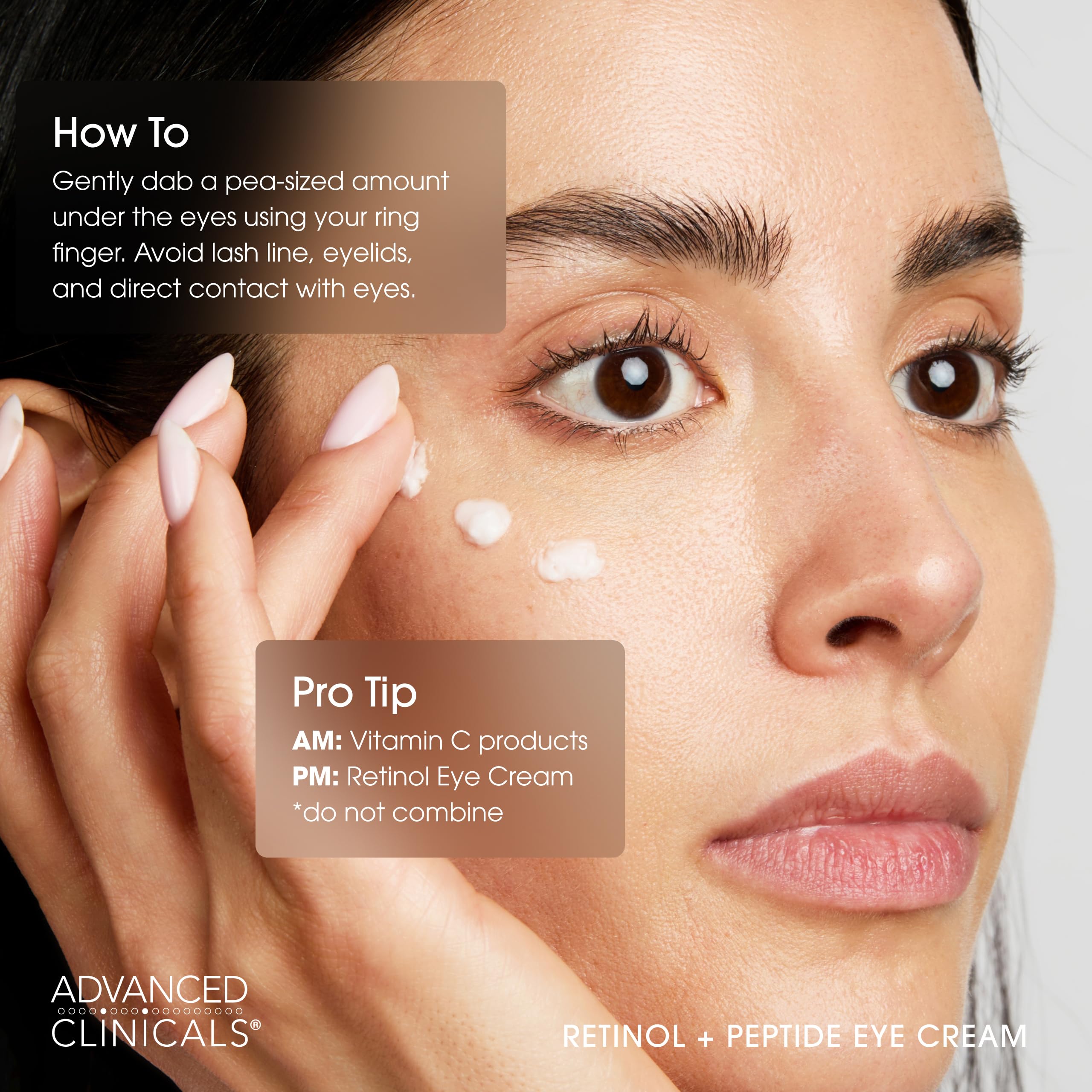 Advanced Clinicals under-eye apply scene shows pea-sized amount for targeted care