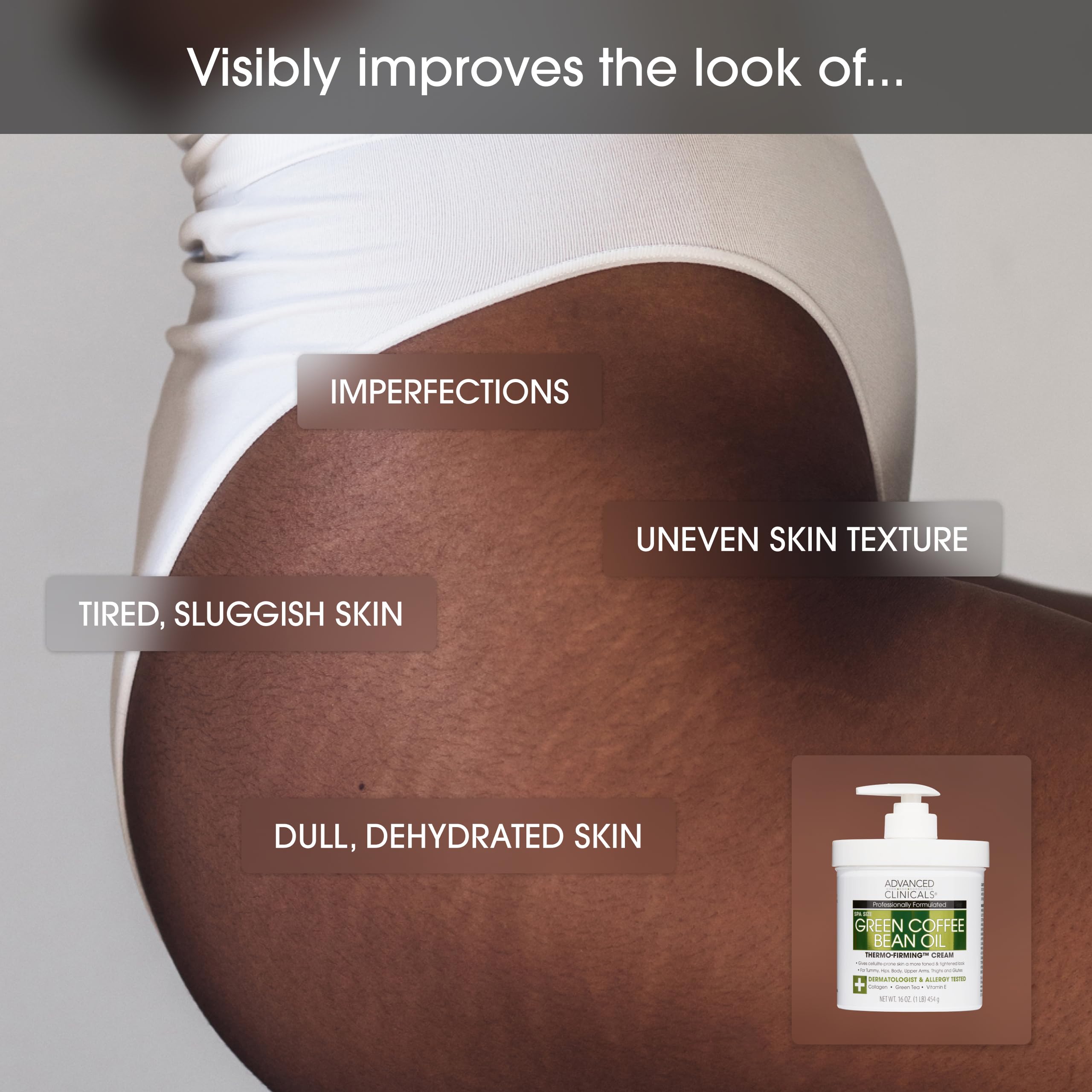 Advanced Clinicals firming body cream on thighs demonstrates contouring hydration.