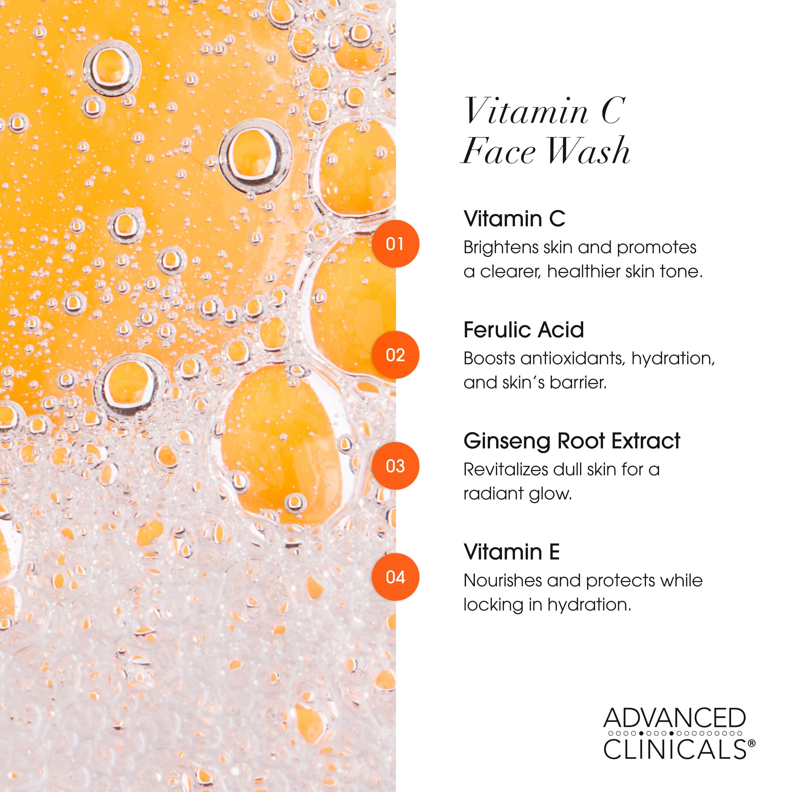 Advanced Clinicals Gentle Vitamin C Face Wash ferulic-acid-drops emphasizes antioxidant brightness